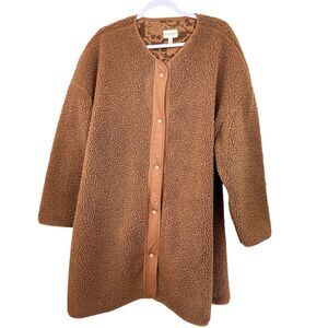Vera Bradley Teddy Sherpa Fleece Longline Snap Jacket Brown Sz 2XL Pocket Comfy